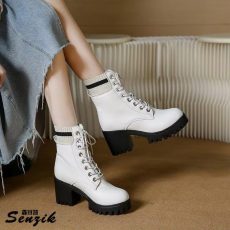 Woolly Bottom Martens Boots Women's New Fall/winter Lace-up Ankle Boots with High Heels Retro Skinny Boots