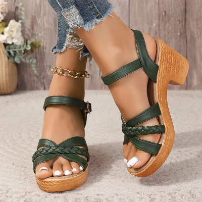 Army Green Thick High Heels Sandals Women Summer Chunky Platform Ankle Strap Sandalias Mujer Size 42 Gladiator Shoes Woman 1