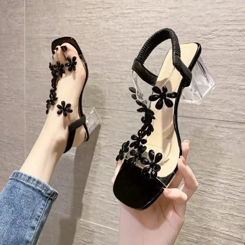 Women Sandals Summer Pvc Crystal Flower Chunky Heel Peep Toe Back Strap Elastic Elegant Fashion Shoes Ladies Zapatos