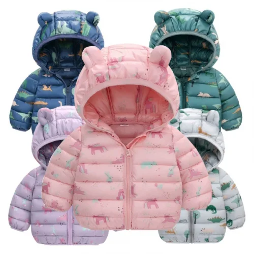 1-5 Years Baby Boy Hooded Lightweight Down Jacket Kids Girl Cartoon Dinosaur Zipper Coats Autumn Winter Warm Christmas Outerwear 1