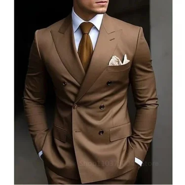 Solid 2 Pieces Men Suits Set Fashion New Men's Formal Business/Wedding Groom Suits Peak Lapel Double Breasted Blazer Trousers 4