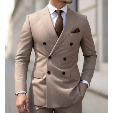 Solid 2 Pieces Men Suits Set Fashion New Men's Formal Business/Wedding Groom Suits Peak Lapel Double Breasted Blazer Trousers 5