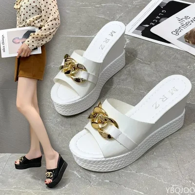 Chain High Heels Slippers Women Wedding Shoes Summer White Black Platform Wedges Slides Ladies Beach Slippers 2