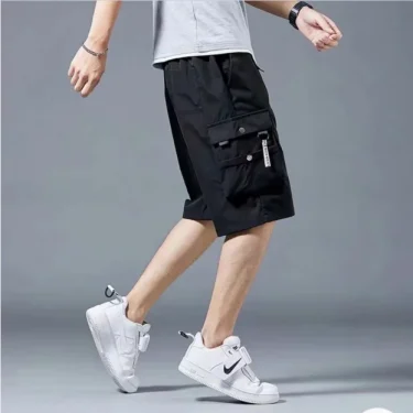Workwear shorts, men's multiple pockets, medium shorts, summer thin loose cropped pants 4