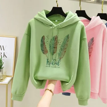 Women Fashion Feather Printed Hoodies Autumn Winter Plus Velvet Casual Loose Sweatshirt 2