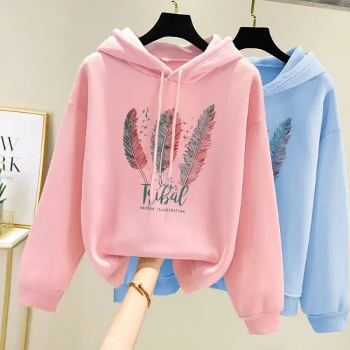 Women Fashion Feather Printed Hoodies Autumn Winter Plus Velvet Casual Loose Sweatshirt 1