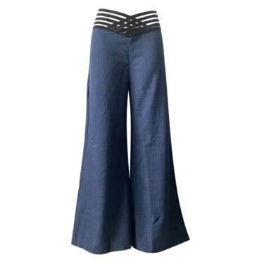 Women Flared Pants Elegant Office Lady Casual High Waist Trousers Spring Summer Solid Crisscross Sheer Mesh Patch Wide Leg Pant 6