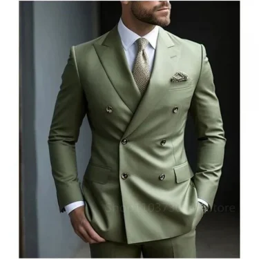 Solid 2 Pieces Men Suits Set Fashion New Men's Formal Business/Wedding Groom Suits Peak Lapel Double Breasted Blazer Trousers 1