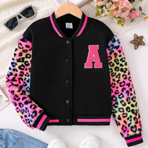 Girls\', children\'s clothing fashion trend top, baseball jacket, multi-color leopard print long sleeved jacket 1