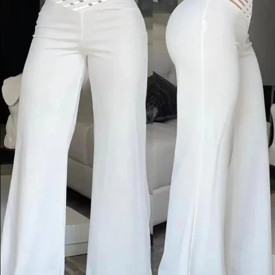 Women Flared Pants Elegant Office Lady Casual High Waist Trousers Spring Summer Solid Crisscross Sheer Mesh Patch Wide Leg Pant 1