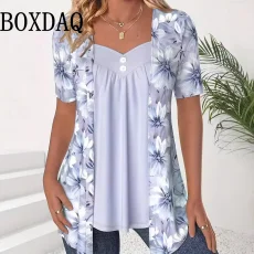 Fashion Printed Patchwork Women T Shirts Autumn Winter Long Sleeve Fake Two Piece Shirts Casual Button Loose Plus Size Tops 6