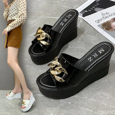 Chain High Heels Slippers Women Wedding Shoes Summer White Black Platform Wedges Slides Ladies Beach Slippers 3