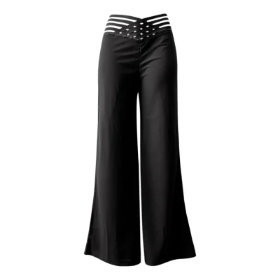 Women Flared Pants Elegant Office Lady Casual High Waist Trousers Spring Summer Solid Crisscross Sheer Mesh Patch Wide Leg Pant 5