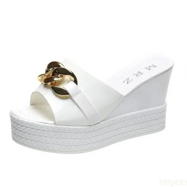 Chain High Heels Slippers Women Wedding Shoes Summer White Black Platform Wedges Slides Ladies Beach Slippers 5
