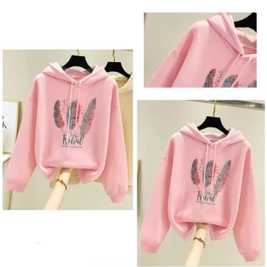 Women Fashion Feather Printed Hoodies Autumn Winter Plus Velvet Casual Loose Sweatshirt 5