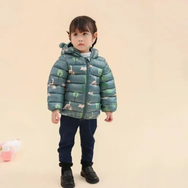 Cartoon Dinosaur Print Boys Baby Lightweight Down Jackets Warm Hooded Outerwear Winter Autumn Kids Girls Coats Casual Clothing 5