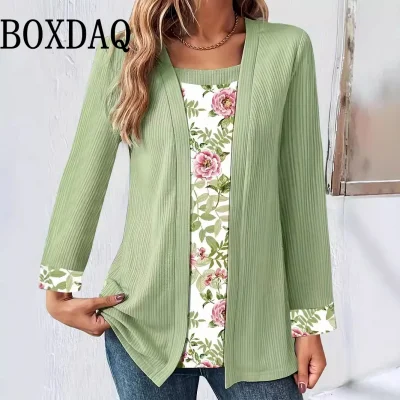 New Women's Fake Two-Piece Top Fashion Plus Size Square Collar Print Blouses Autumn Winter Casual Loose Long Sleeve T-Shirt 1