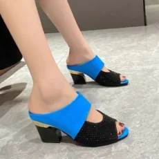 Women Sandals Square Heel Summer Shoes Woman Fashion Slides Cut-out Open Toe Slip On Mothers Sandal Female Bling Slippers 5