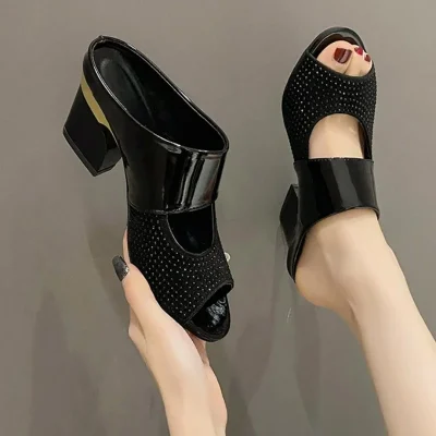 Women Sandals Square Heel Summer Shoes Woman Fashion Slides Cut-out Open Toe Slip On Mothers Sandal Female Bling Slippers 6