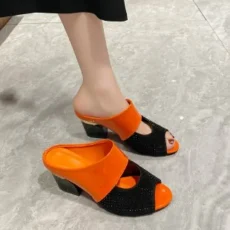 Women Sandals Square Heel Summer Shoes Woman Fashion Slides Cut-out Open Toe Slip On Mothers Sandal Female Bling Slippers 4