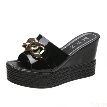 Chain High Heels Slippers Women Wedding Shoes Summer White Black Platform Wedges Slides Ladies Beach Slippers 6