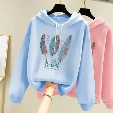 Women Fashion Feather Printed Hoodies Autumn Winter Plus Velvet Casual Loose Sweatshirt 3