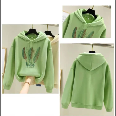 Women Fashion Feather Printed Hoodies Autumn Winter Plus Velvet Casual Loose Sweatshirt 4