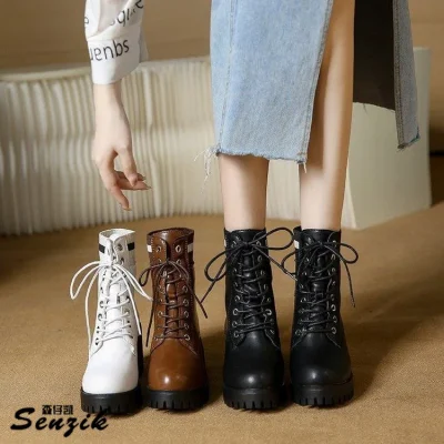 Woolly Bottom Martens Boots Women's New Fall/winter Lace-up Ankle Boots with High Heels Retro Skinny Boots 3