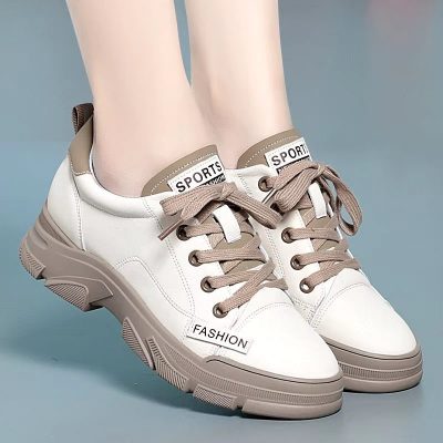 Spring Non-slip Soft Leather Sneaker Trekking Footwear New Women's Thick-soled Lace-up Leisure Skateboard Sports Shoes