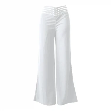 Women Flared Pants Elegant Office Lady Casual High Waist Trousers Spring Summer Solid Crisscross Sheer Mesh Patch Wide Leg Pant 4