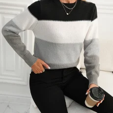 Women Knitted Sweater Soft Contrast Color Pullovers Basic Sweaters Casual Fashion Autumn Winter Women's Clothing Trend 2024 3