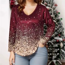 Starlight Gradient Print T Shirt Women Party Long Sleeve Loose Plus Size Tops Fashion Christmas Festival Casual V-Neck Tee Shirt