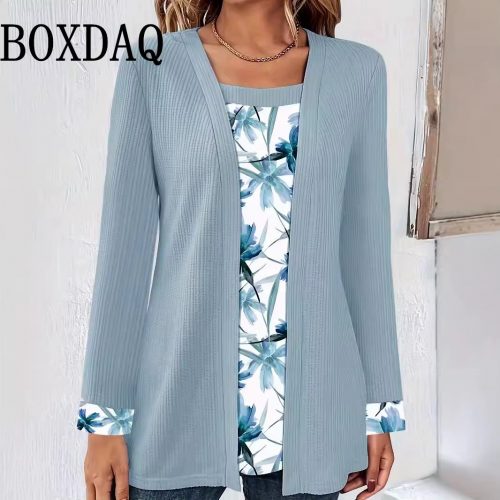 New Women's Fake Two-Piece Top Fashion Plus Size Square Collar Print Blouses Autumn Winter Casual Loose Long Sleeve T-Shirt