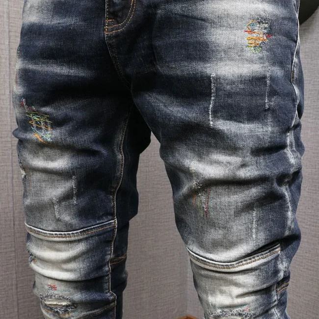 Fashion Streetwear Men Jeans Retro Black Blue Elastic Slim Fit Ripped Jeans Men Spliced Designer Embroidery Hip Hop Denim Pants 5