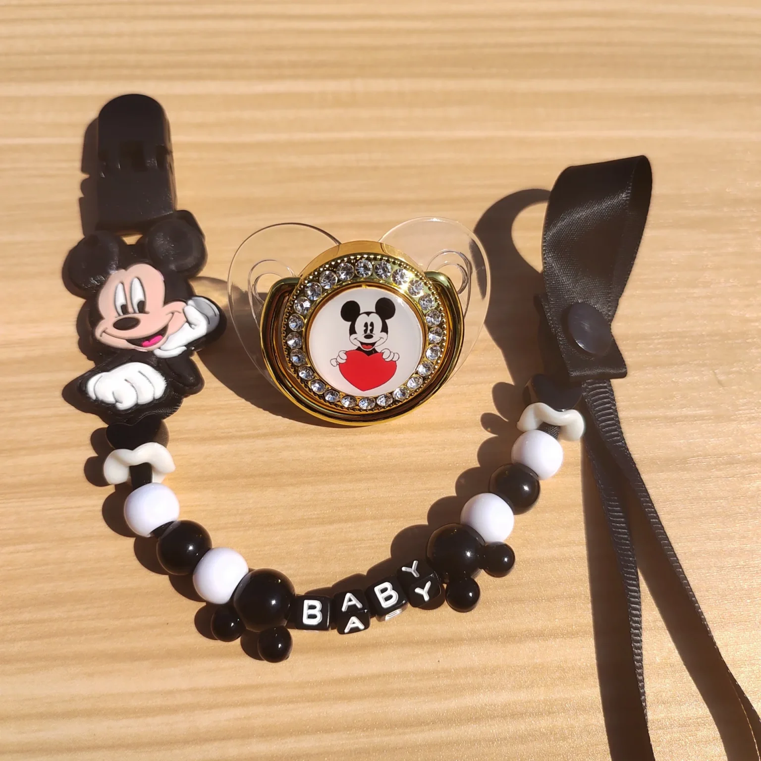 Black Mickey Mouse Printed pacifier Baby Diamond Pacifier Food Grade Baby Thumb shaped pacifier Personalized bead pacifier clip 4