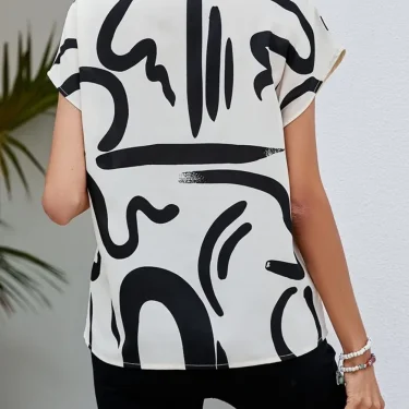 Women Summer Simple Style Blouses Shirts Lady Casual Short Batwing Sleeve V-Neck Printed Blouse Tops 3