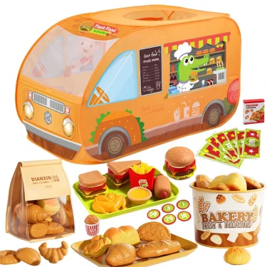 Kids Car Tent Pretend Kitchen Toys Simulate Bread Burger Food Cart Folding Tent Cooking Game Boys Girls Interactive Activity Toy 1