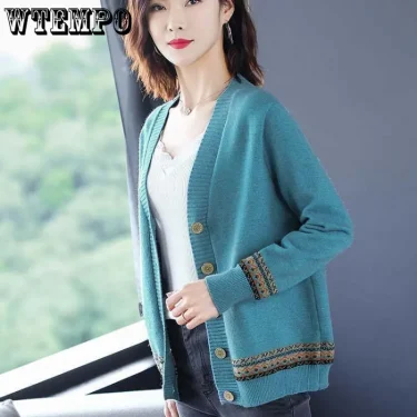 WTEMPO Spring Autumn Solid Color Women's Knitted Cardigan Long Sleeve Korean Loose V-Neck Button Sweaters Coat Female Clothing 2