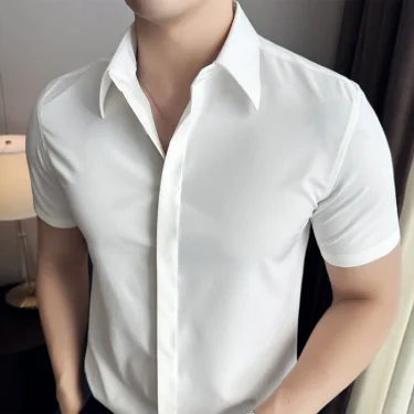 High Quality Summer Thin Stretchy Short-Sleeved Shirt for Men's Business and Casual Wear, Hidden Button Placket M-4XL 4