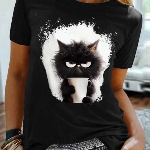 Women's T shirt Tee Cat Daily Weekend Black Print Short Sleeve Fashion Funny Round Neck Regular Fit Summer