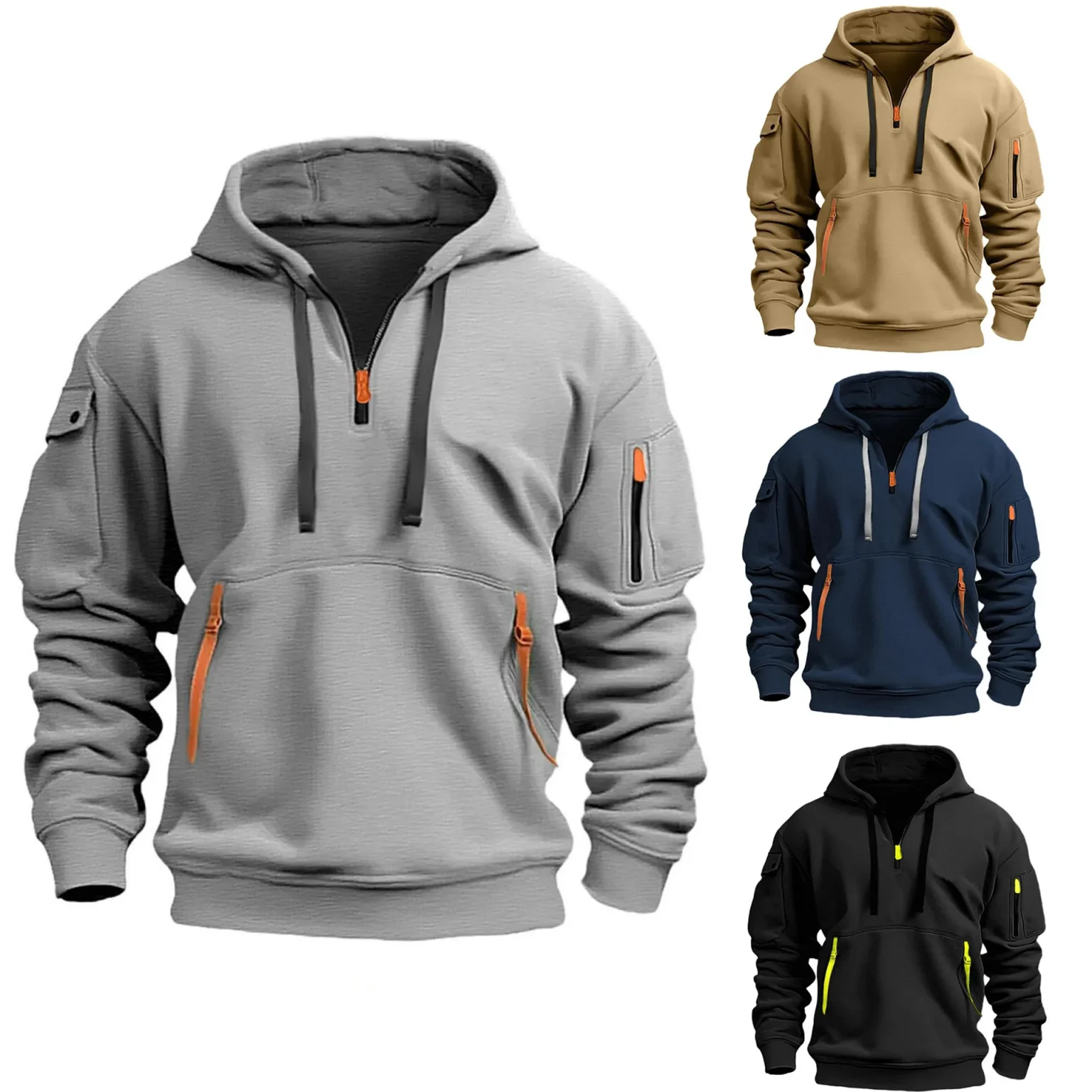 New Multi Pocket Zipper Fleece Hooded Casual Shirt for Men and Women Plus Size Loose Pullover Fashion Sweatshirt top 5