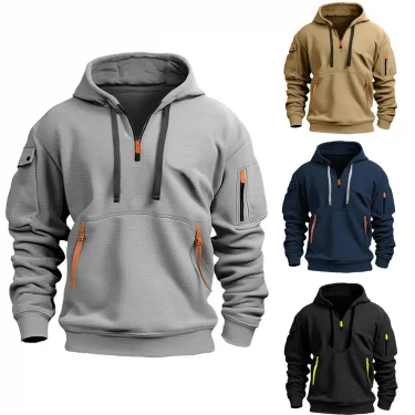 New Multi Pocket Zipper Fleece Hooded Casual Shirt for Men and Women Plus Size Loose Pullover Fashion Sweatshirt top 5