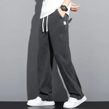 Summer Thin Soft Lyocell Fabric Jeans Men Loose Straight Wide Leg Pants Drawstring Elastic Waist Casual Trousers Plus Size M-5XL 5