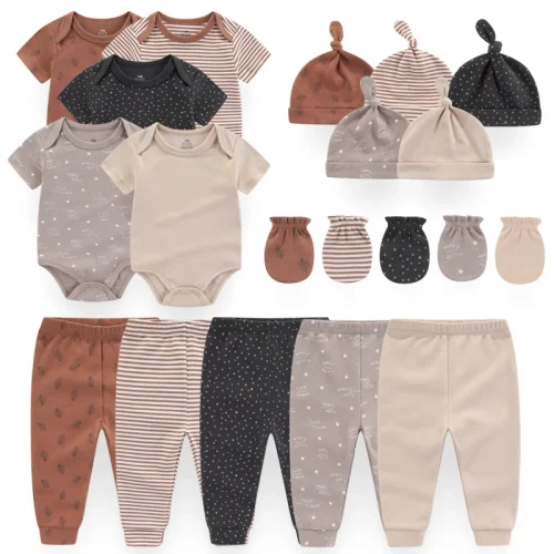 New Born Baby Girl Clothes Sets Unisex Solid Color Cotton Baby Boy Clothes Cartoon Bodysuits+Pants+Gloves+Hats Print Bebes 2