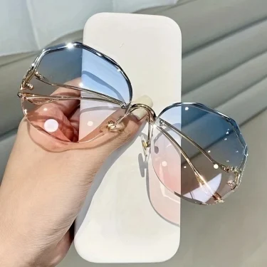Rimless Sunglasses Polygon Fashion Popular Women Men Shades Big Frame Round Sun Glasses for Female Oculos Gradient Sunglasses 6