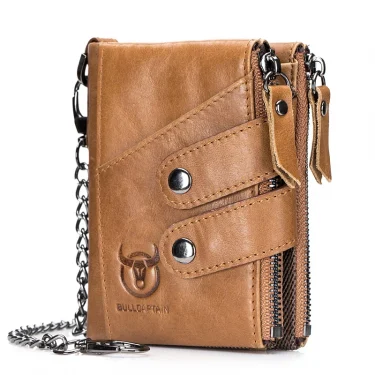Quality Genuine Leather men Wallet Brand zipper Man Purse Vintage cow leather Male card Coin Bag with iron chain 1