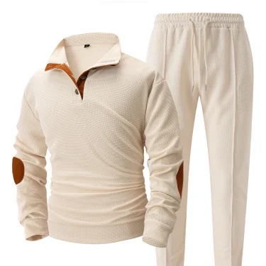 Autumn and winter new men's fashion outdoor sports half zipper Waffle casual stand collar long sleeve hoodie + trousers men's su 6