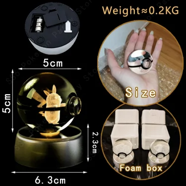 Pokemon Crystal Ball 3D Pikachu Gengar Mew Mewtwo Lamp Base Pokeball Crystal Pokemon Glass Ball Figure Night Light Birthday Gift 4