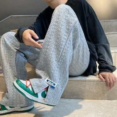 Men High Street Sweatpants Fashion Loose Casual Side Slit Straight-Leg Pants Vintage Blue Jacquard Casual Bottoms Male Clothes 3