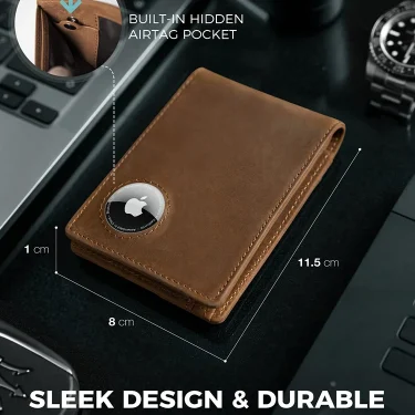 Retro Crazy Horse Leather Dollar Clip Simple RFID Men's Wallet with Air Tag Cover 4